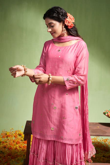Buy_Almaari By Pooja Patel_Pink , Silk Embroidery, Gota Patti, Ananya Kurta Sharara Set _Online_at_Aza_Fashions