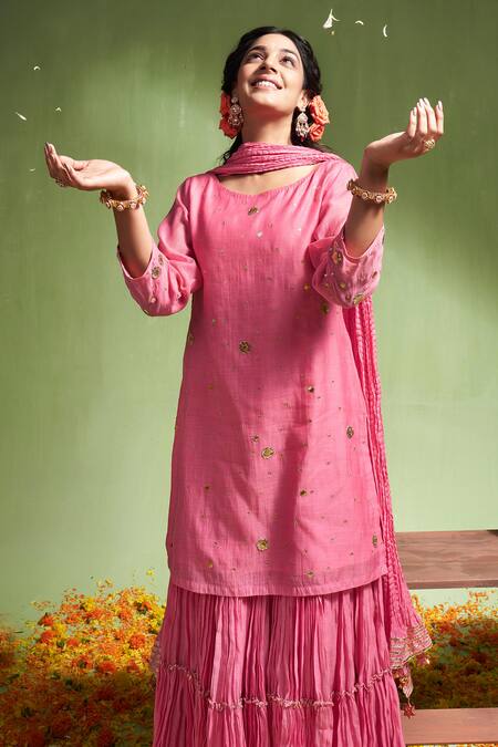 Shop_Almaari By Pooja Patel_Pink , Silk Embroidery, Gota Patti, Ananya Kurta Sharara Set _Online_at_Aza_Fashions