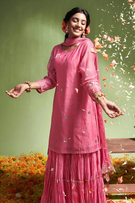 Almaari By Pooja Patel_Pink , Silk Embroidery, Gota Patti, Ananya Kurta Sharara Set _at_Aza_Fashions