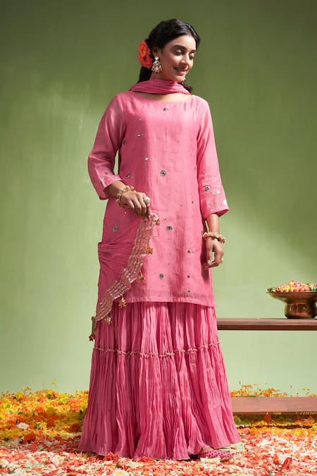 Shop_Almaari By Pooja Patel_Pink , Silk Embroidery, Gota Patti, Ananya Kurta Sharara Set _at_Aza_Fashions