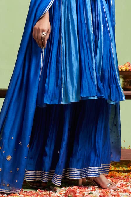 Almaari By Pooja Patel Blue Chanderi Gota Patti, Lavanya Dual Tone Embroidered Anarkali Sharara Set Online at Aza Fashions Almaari By Pooja Patel_Blue Chanderi Gota Patti, Lavanya Dual Tone Embroidered Anarkali Sharara Set _Online_at_Aza_Fashions