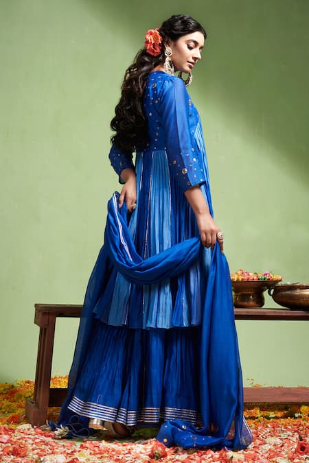 Shop Almaari By Pooja Patel Blue Chanderi Gota Patti, Lavanya Dual Tone Embroidered Anarkali Sharara Set at Aza Fashions Shop_Almaari By Pooja Patel_Blue Chanderi Gota Patti, Lavanya Dual Tone Embroidered Anarkali Sharara Set _at_Aza_Fashions
