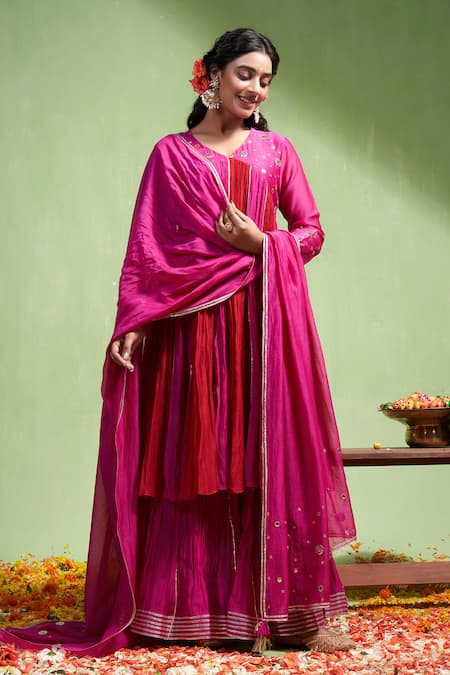 Almaari by Pooja Patel Pink Soft Chanderi Embroidery Gota Patti Lavanya Two Tone Anarkali Sharara Set 