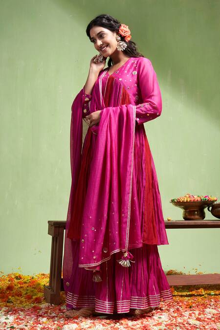 Buy Almaari By Pooja Patel Pink Chanderi Gota Patti, Lavanya Two Tone Embroidered Anarkali Sharara Set Online at Aza Fashions Buy_Almaari By Pooja Patel_Pink Chanderi Gota Patti, Lavanya Two Tone Embroidered Anarkali Sharara Set _Online_at_Aza_Fashions