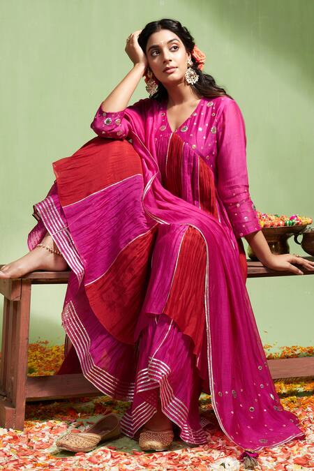Shop Almaari By Pooja Patel Pink Chanderi Gota Patti, Lavanya Two Tone Embroidered Anarkali Sharara Set Online at Aza Fashions Shop_Almaari By Pooja Patel_Pink Chanderi Gota Patti, Lavanya Two Tone Embroidered Anarkali Sharara Set _Online_at_Aza_Fashions