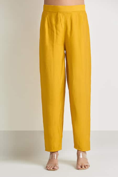 Shop_Samyukta Singhania_Yellow Viscose, Chanderi, Nylon Embroidery V-neck Paisley Kurta Set _Online_at_Aza_Fashions