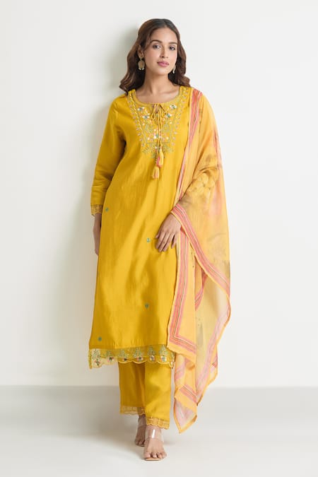Shop_Naintara Bajaj_Yellow Chanderi, Crepe, Silk Tassels, Embroidery Keyhole Floral Yoke Kurta Set _Online_at_Aza_Fashions