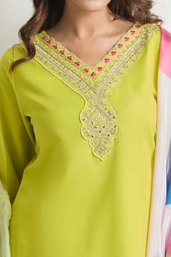 Buy_Samyukta Singhania_Green Viscose, Crepe, Silk Embroidery, Sequins V-neck Neckline Kurta Set_Online_at_Aza_Fashions