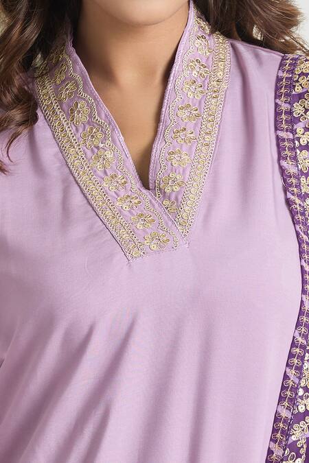Buy Samyukta Singhania Purple Viscose, , Satin Embroidery, Lace V-neck Sleeve Kurta Set Online at Aza Fashions Buy_Samyukta Singhania_Purple Viscose, , Satin Embroidery, Lace V-neck Sleeve Kurta Set_Online_at_Aza_Fashions