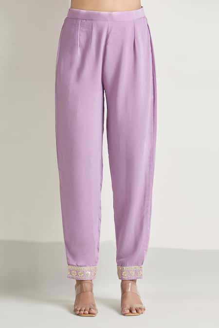 Shop Samyukta Singhania Purple Viscose, , Satin Embroidery, Lace V-neck Sleeve Kurta Set Online at Aza Fashions Shop_Samyukta Singhania_Purple Viscose, , Satin Embroidery, Lace V-neck Sleeve Kurta Set_Online_at_Aza_Fashions