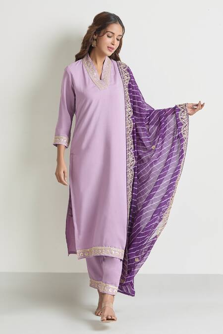 Samyukta Singhania Purple Viscose, , Satin Embroidery, Lace V-neck Sleeve Kurta Set at Aza Fashions Samyukta Singhania_Purple Viscose, , Satin Embroidery, Lace V-neck Sleeve Kurta Set_at_Aza_Fashions