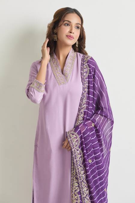 Buy Samyukta Singhania Purple Viscose, , Satin Embroidery, Lace V-neck Sleeve Kurta Set Buy_Samyukta Singhania_Purple Viscose, , Satin Embroidery, Lace V-neck Sleeve Kurta Set