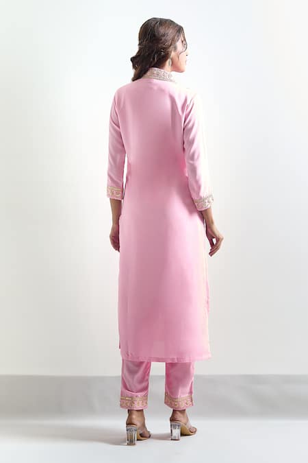 Shop Samyukta Singhania Pink Viscose, Silk Sequins, Zari, Embroidery V-neck Placement Kurta Set at Aza Fashions Shop_Samyukta Singhania_Pink Viscose, Silk Sequins, Zari, Embroidery V-neck Placement Kurta Set_at_Aza_Fashions