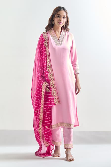 Samyukta Singhania Pink Viscose, Silk Sequins, Zari, Embroidery V-neck Placement Kurta Set Online at Aza Fashions Samyukta Singhania_Pink Viscose, Silk Sequins, Zari, Embroidery V-neck Placement Kurta Set_Online_at_Aza_Fashions