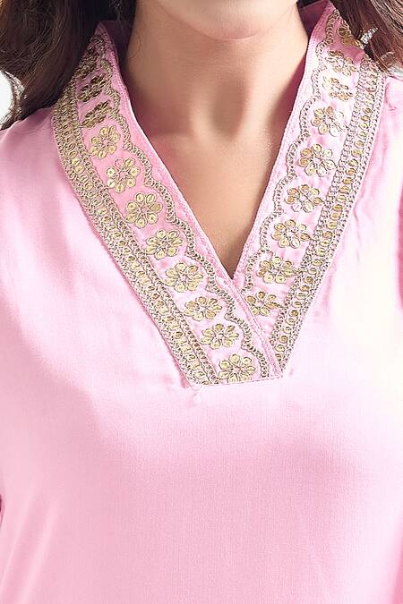 Shop Samyukta Singhania Pink Viscose, Silk Sequins, Zari, Embroidery V-neck Placement Kurta Set Online at Aza Fashions Shop_Samyukta Singhania_Pink Viscose, Silk Sequins, Zari, Embroidery V-neck Placement Kurta Set_Online_at_Aza_Fashions