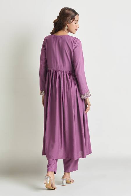 Shop Samyukta Singhania Purple Viscose, Chiffon Zari V-neck Thread Embroidered Anarkali Set at Aza Fashions Shop_Samyukta Singhania_Purple Viscose, Chiffon Zari V-neck Thread Embroidered Anarkali Set_at_Aza_Fashions