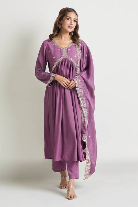 Samyukta Singhania Purple Viscose, Chiffon Zari V-neck Thread Embroidered Anarkali Set Online at Aza Fashions Samyukta Singhania_Purple Viscose, Chiffon Zari V-neck Thread Embroidered Anarkali Set_Online_at_Aza_Fashions