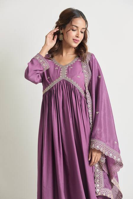 Buy Samyukta Singhania Purple Viscose, Chiffon Zari V-neck Thread Embroidered Anarkali Set Online at Aza Fashions Buy_Samyukta Singhania_Purple Viscose, Chiffon Zari V-neck Thread Embroidered Anarkali Set_Online_at_Aza_Fashions