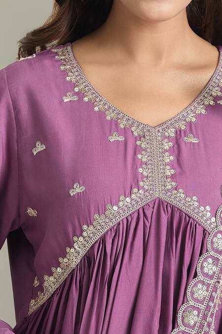 Shop Samyukta Singhania Purple Viscose, Chiffon Zari V-neck Thread Embroidered Anarkali Set Online at Aza Fashions Shop_Samyukta Singhania_Purple Viscose, Chiffon Zari V-neck Thread Embroidered Anarkali Set_Online_at_Aza_Fashions