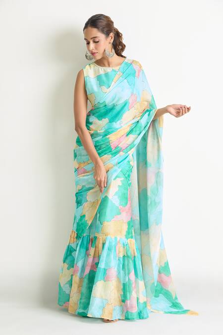 Naintara Bajaj_Blue Georgette Round Neck Abstract Print Saree Gown _Online_at_Aza_Fashions
