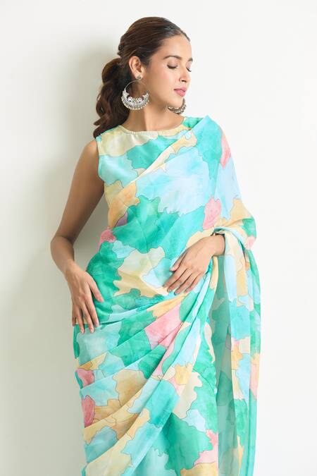 Shop_Naintara Bajaj_Blue Georgette Round Neck Abstract Print Saree Gown _Online_at_Aza_Fashions