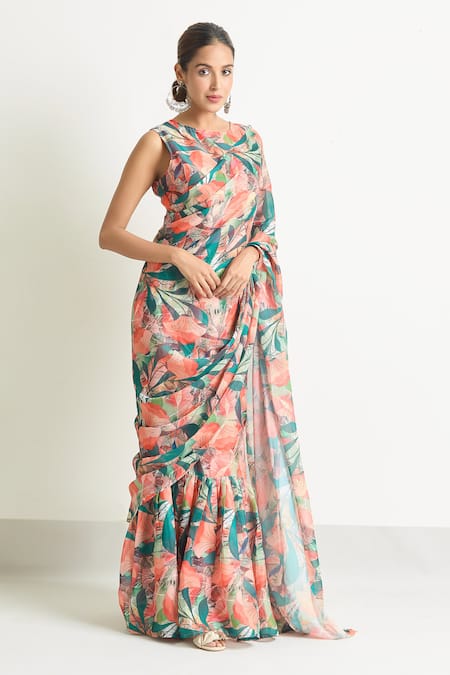 Naintara Bajaj_Green Georgette Round Neck Tropical Print Saree Gown _Online_at_Aza_Fashions