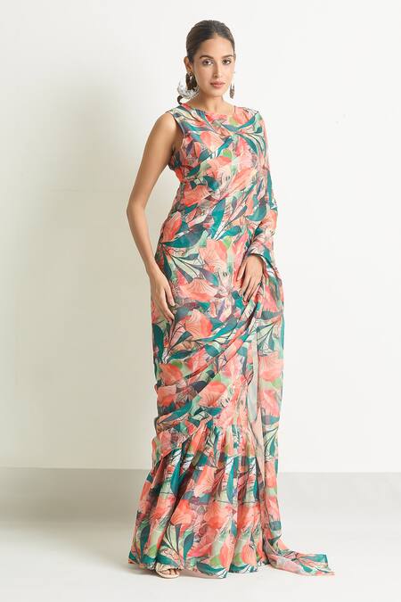 Buy_Naintara Bajaj_Green Georgette Round Neck Tropical Print Saree Gown _Online_at_Aza_Fashions