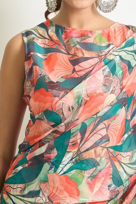 Shop_Naintara Bajaj_Green Georgette Round Neck Tropical Print Saree Gown _Online_at_Aza_Fashions