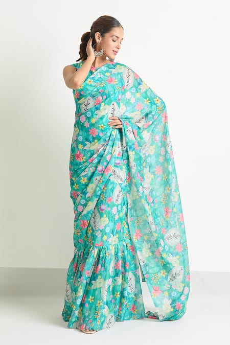 Naintara Bajaj_Blue Georgette Floral Print Saree Gown _Online_at_Aza_Fashions