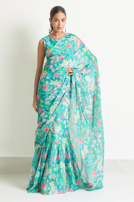 Buy_Naintara Bajaj_Blue Georgette Floral Print Saree Gown _Online_at_Aza_Fashions