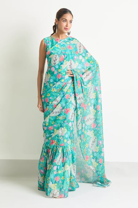 Shop_Naintara Bajaj_Blue Georgette Floral Print Saree Gown _Online_at_Aza_Fashions