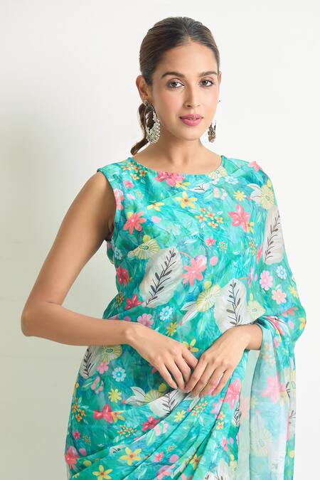 Naintara Bajaj_Blue Georgette Floral Print Saree Gown _at_Aza_Fashions