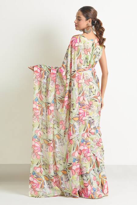 Shop Naintara Bajaj Green Georgette Round Neck Leaf Printed Saree Gown at Aza Fashions Shop_Naintara Bajaj_Green Georgette Round Neck Leaf Printed Saree Gown _at_Aza_Fashions