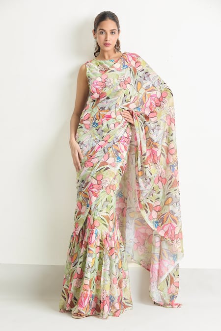 Naintara Bajaj Green Georgette Round Neck Leaf Printed Saree Gown Online at Aza Fashions Naintara Bajaj_Green Georgette Round Neck Leaf Printed Saree Gown _Online_at_Aza_Fashions