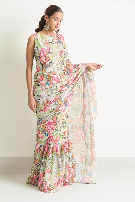 Buy Naintara Bajaj Green Georgette Round Neck Leaf Printed Saree Gown Online at Aza Fashions Buy_Naintara Bajaj_Green Georgette Round Neck Leaf Printed Saree Gown _Online_at_Aza_Fashions