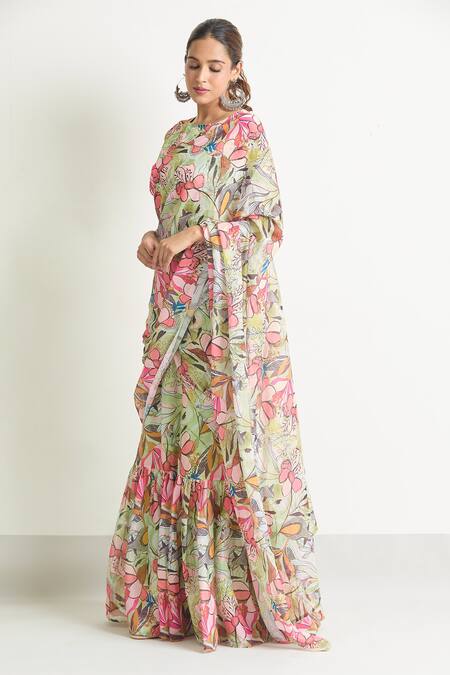 Shop Naintara Bajaj Green Georgette Round Neck Leaf Printed Saree Gown Online at Aza Fashions Shop_Naintara Bajaj_Green Georgette Round Neck Leaf Printed Saree Gown _Online_at_Aza_Fashions