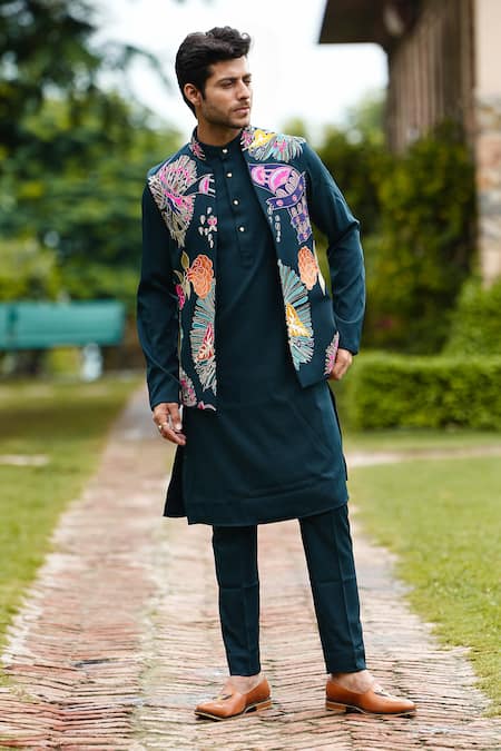 Shop Courtyard By Abhi Green Lycra Embroidery, Cut Work, Sequins, Zari Floral Bundi And Kurta Set Online at Aza Fashions Shop_Courtyard By Abhi_Green Lycra Embroidery, Cut Work, Sequins, Zari Floral Bundi And Kurta Set _Online_at_Aza_Fashions