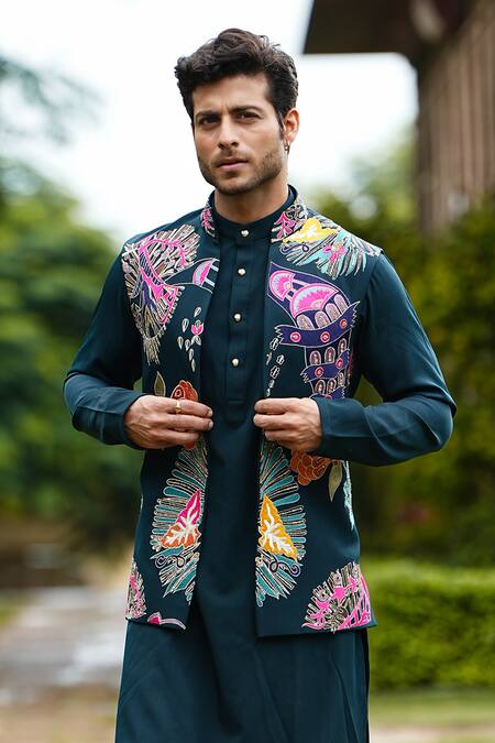 Courtyard By Abhi Green Lycra Embroidery, Cut Work, Sequins, Zari Floral Bundi And Kurta Set at Aza Fashions Courtyard By Abhi_Green Lycra Embroidery, Cut Work, Sequins, Zari Floral Bundi And Kurta Set _at_Aza_Fashions