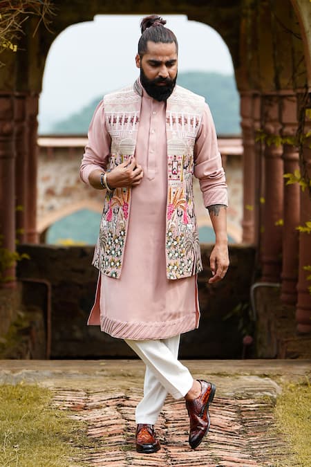 Courtyard By Abhi_Peach Lycra, Cotton Cut Work, Sequins, Embroidery Cutdana Bundi And Kurta Set _Online_at_Aza_Fashions