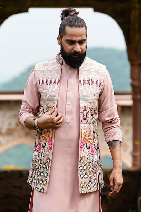 Buy_Courtyard By Abhi_Peach Lycra, Cotton Cut Work, Sequins, Embroidery Cutdana Bundi And Kurta Set _Online_at_Aza_Fashions