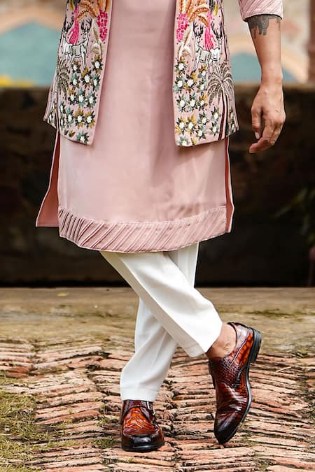 Shop_Courtyard By Abhi_Peach Lycra, Cotton Cut Work, Sequins, Embroidery Cutdana Bundi And Kurta Set _Online_at_Aza_Fashions