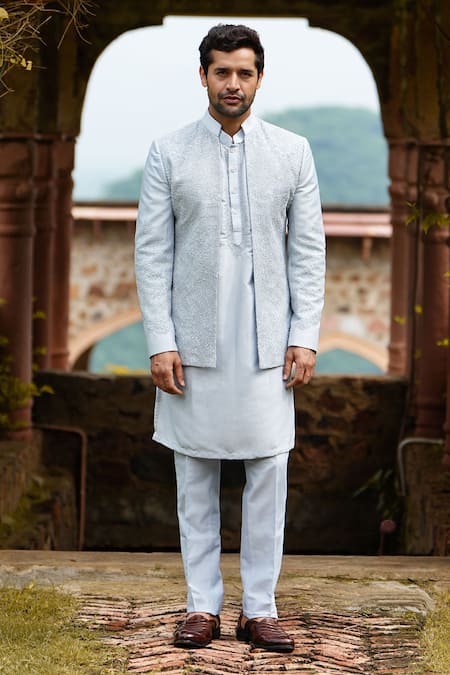 Shop Courtyard By Abhi Blue Lycra Beads, Embroidery Bandhgala Set at Aza Fashions Shop_Courtyard By Abhi_Blue Lycra Beads, Embroidery Bandhgala Set _at_Aza_Fashions