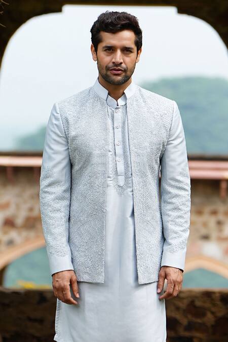 Courtyard By Abhi Blue Lycra Beads, Embroidery Bandhgala Set Online at Aza Fashions Courtyard By Abhi_Blue Lycra Beads, Embroidery Bandhgala Set _Online_at_Aza_Fashions