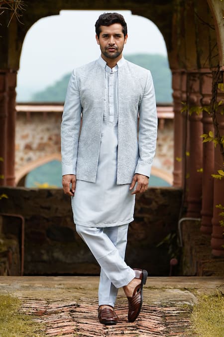 Shop Courtyard By Abhi Blue Lycra Beads, Embroidery Bandhgala Set Online at Aza Fashions Shop_Courtyard By Abhi_Blue Lycra Beads, Embroidery Bandhgala Set _Online_at_Aza_Fashions