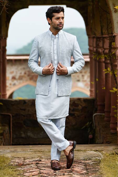 Courtyard By Abhi Blue Lycra Beads, Embroidery Bandhgala Set at Aza Fashions Courtyard By Abhi_Blue Lycra Beads, Embroidery Bandhgala Set _at_Aza_Fashions