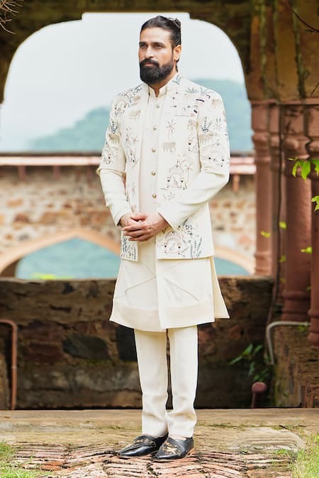 Courtyard By Abhi_Cream Lycra Embroidery Elephant Bandhgala And Kurta Set _Online_at_Aza_Fashions