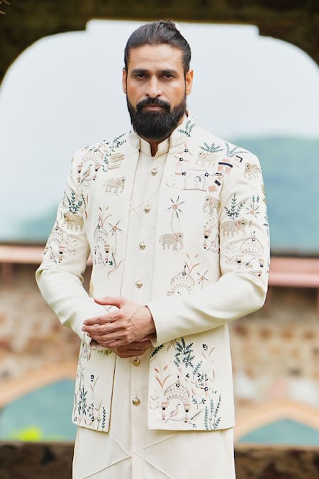 Buy_Courtyard By Abhi_Cream Lycra Embroidery Elephant Bandhgala And Kurta Set _Online_at_Aza_Fashions