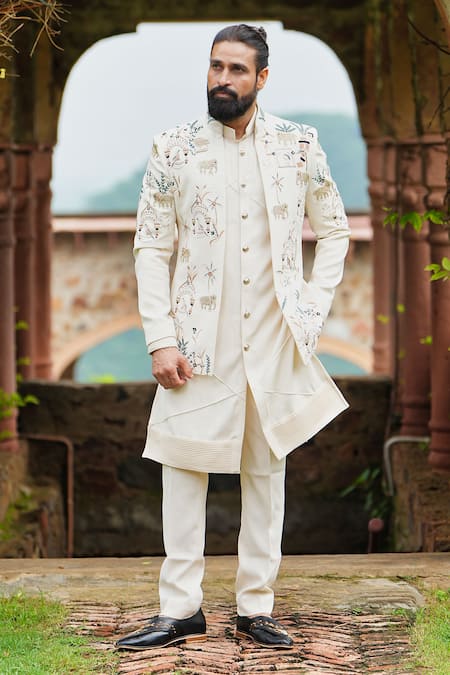 Shop_Courtyard By Abhi_Cream Lycra Embroidery Elephant Bandhgala And Kurta Set _Online_at_Aza_Fashions