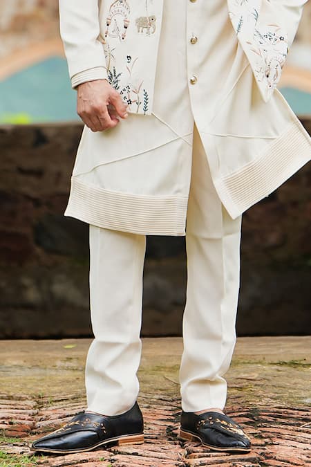 Courtyard By Abhi_Cream Lycra Embroidery Elephant Bandhgala And Kurta Set _at_Aza_Fashions