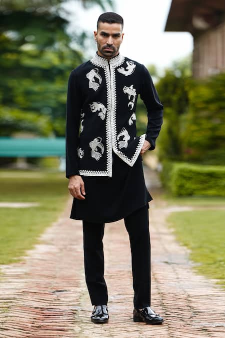 Courtyard By Abhi Black Lycra Cut Work, Embroidery Fish Bundi And Kurta Set 